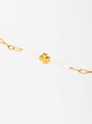Bracelet Avec Trèfle Et Perles - Acier Inoxydable