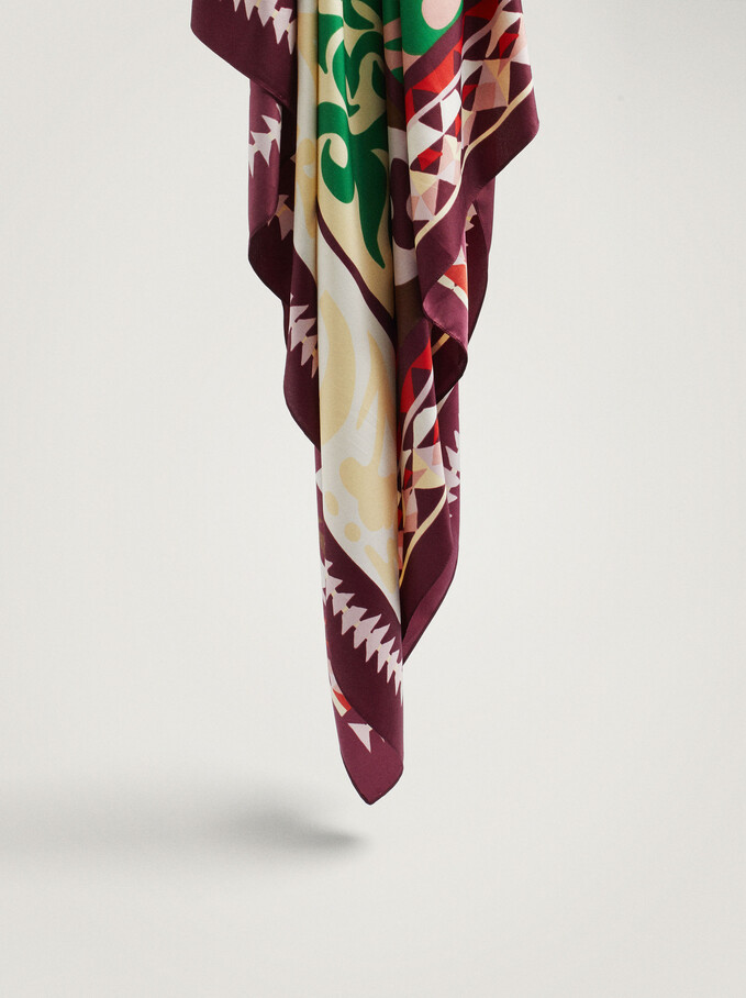 Printed Square Neckerchief Made From Recycled Materials, Bordeaux, hi-res
