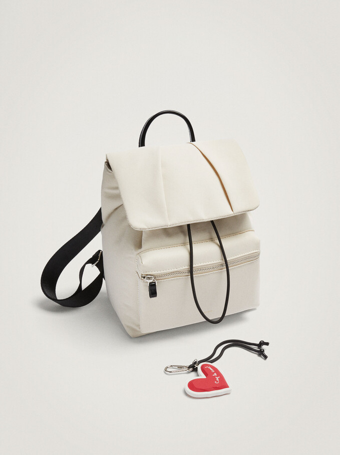 Nylon Backpack With Heart Pendant, Ecru, hi-res