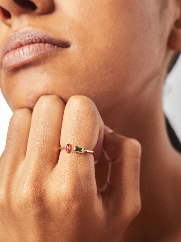 Golden Ring With Zircons, Multicolor, hi-res