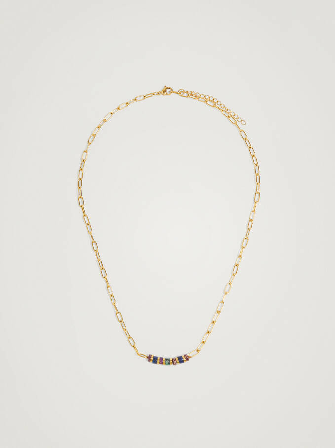 Steel Necklace With Semiprecious Stone, Multicolor, hi-res
