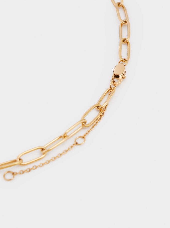 Short Stainless Steel Leaf Necklace, Golden, hi-res