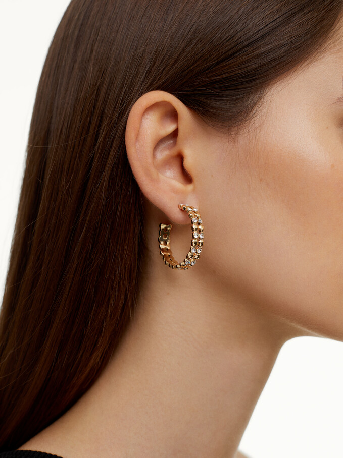 Golden Hoop Earrings With Strass, Golden, hi-res