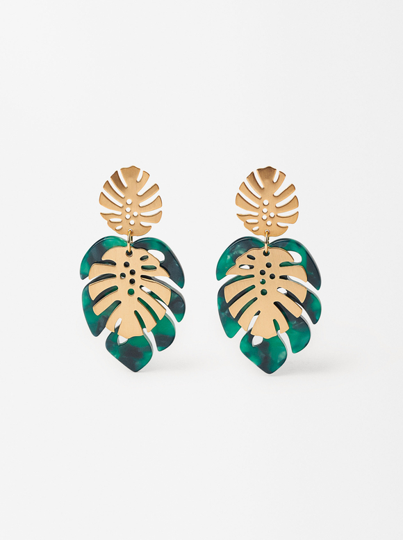 Earrings With Leaves, Green, hi-res