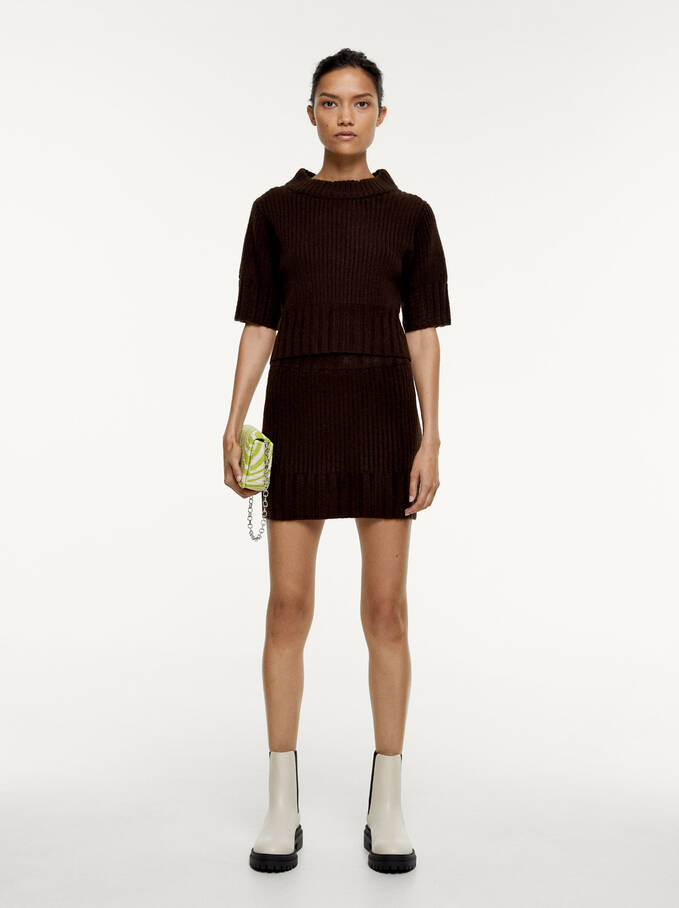 Knit Mini Skirt, Brown, hi-res