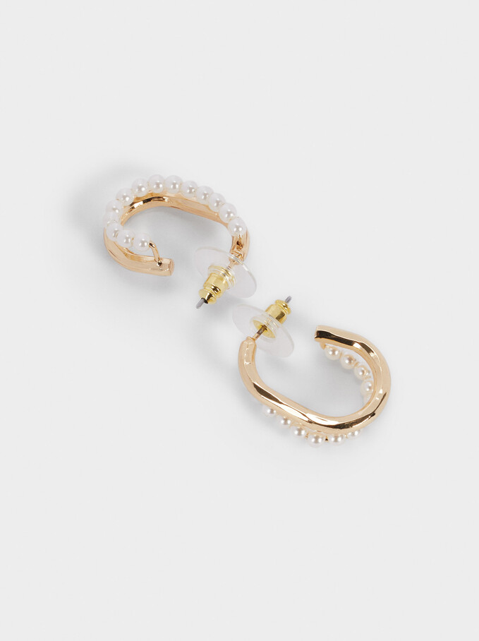 Short Hoop Earrings With Pearls, Golden, hi-res