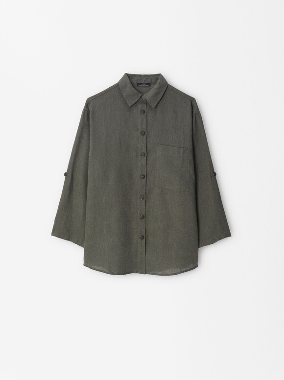 100% Linen Shirt, Green, hi-res