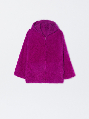 Fur Effect Knitted Cardigan, Fuchsia, hi-res