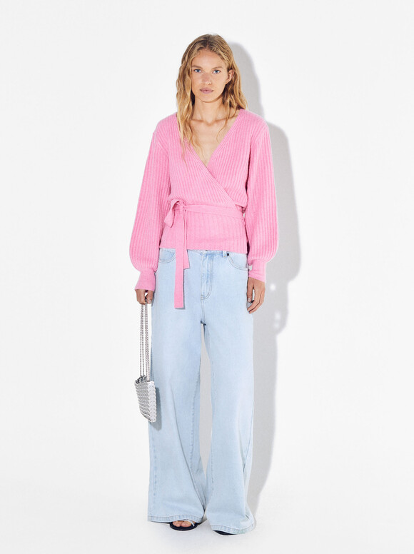 Online Exclusive - Crossed Knitted Cardigan, Pink, hi-res
