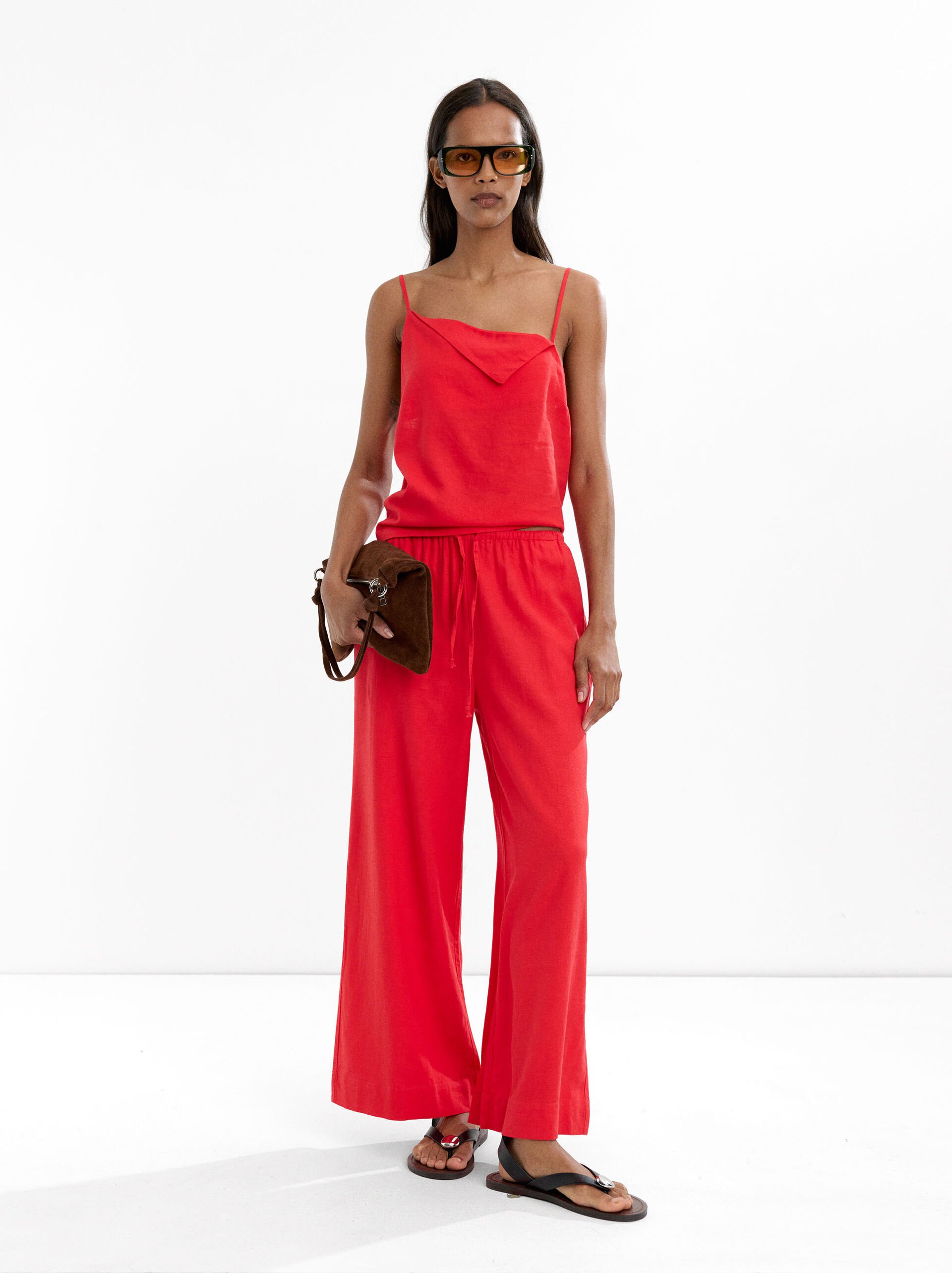 Linen-blend trousers with elastic waistband image number 0.0