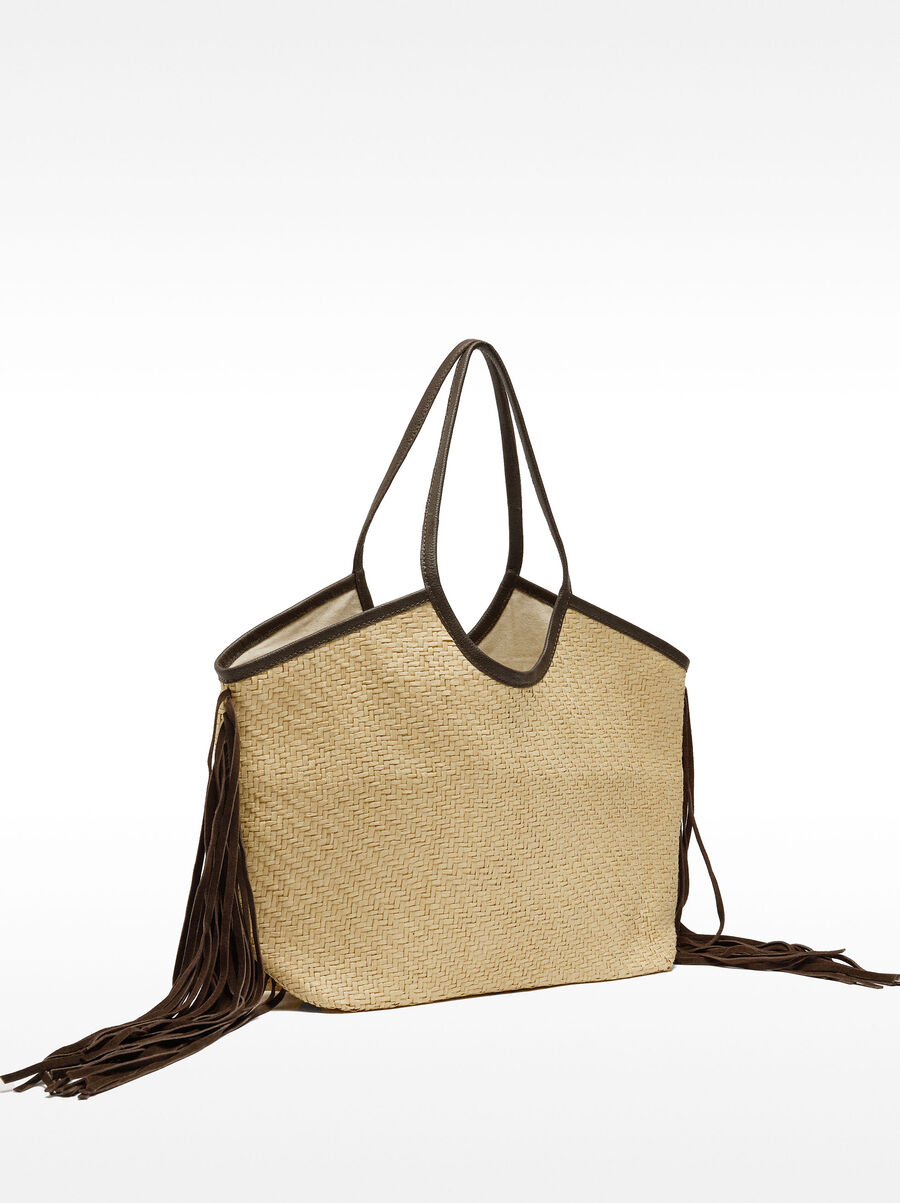 Raffia shopper bag with leather fringes