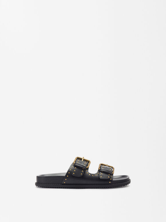 Flat Sandals With Buckles And Studs, Black, hi-res