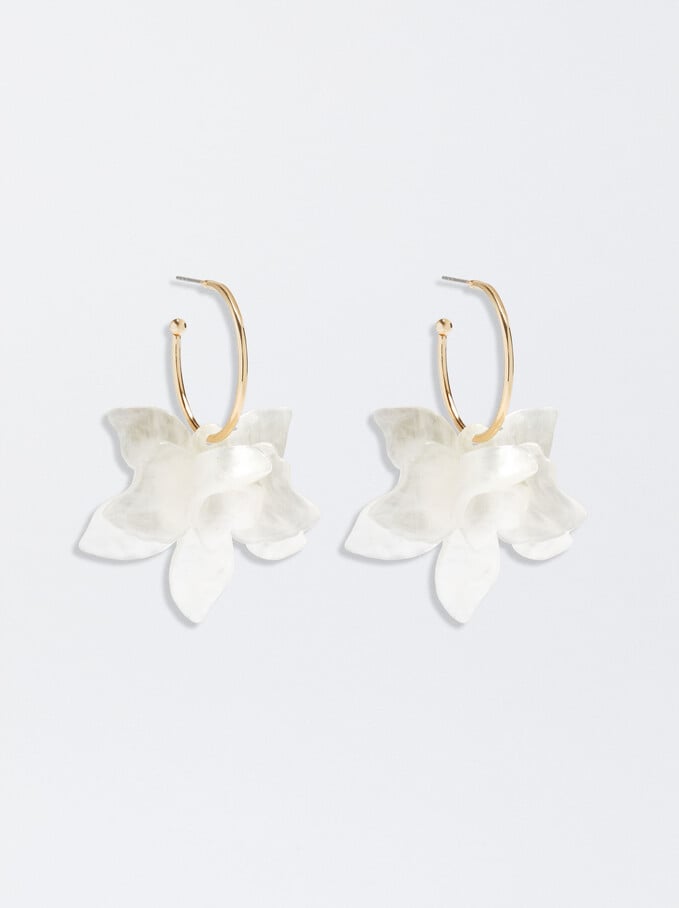 Golden Flower Hoop Earrings, White, hi-res