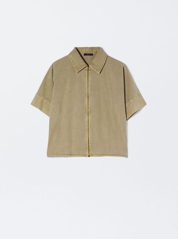 Zipper Lyocell Shirt, Khaki, hi-res
