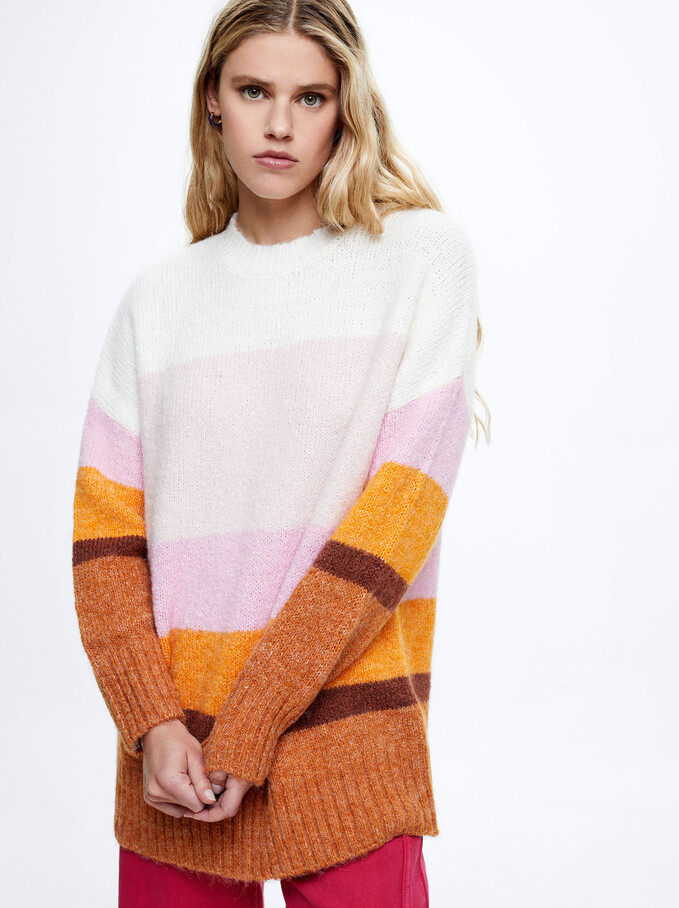 Colour Block Knit Sweater, Ecru, hi-res