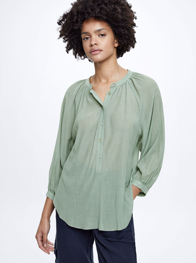 Textured Shirt With Puffed Sleeves, Green, hi-res