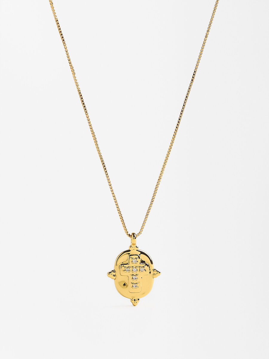 Kurze Halskette mit Kreuz-Medaillon, 18k Gold plattiert