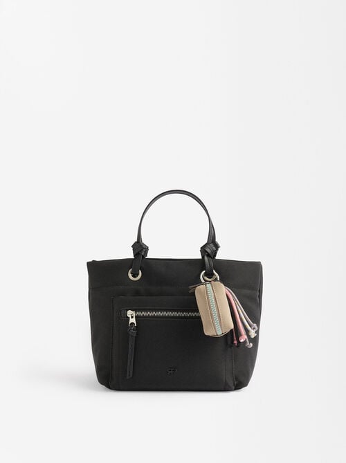 Borsa tote effetto nylon con pendente