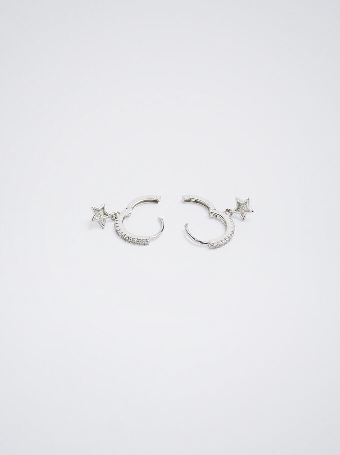 925 Silver Hoop Earrings With Star, Silver, hi-res