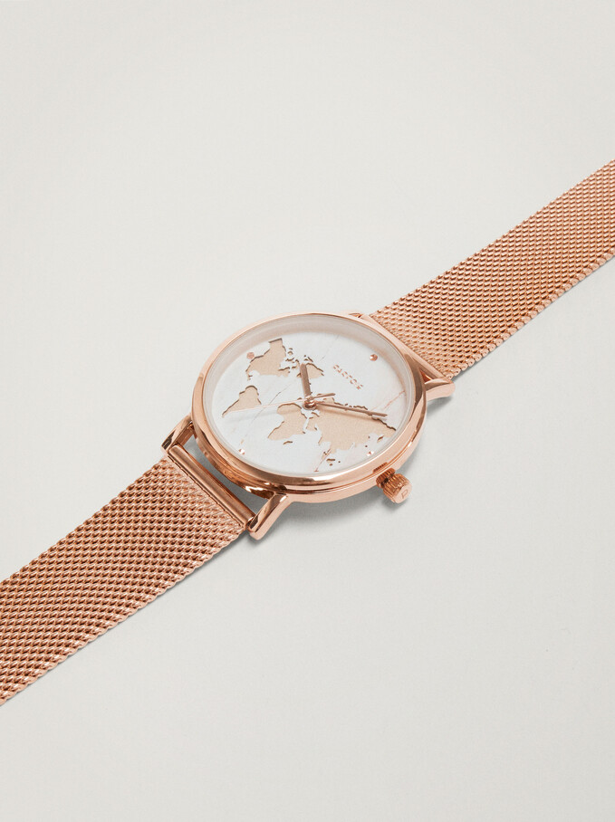 Watch With Steel Strap And World Map Face, Rose Gold, hi-res