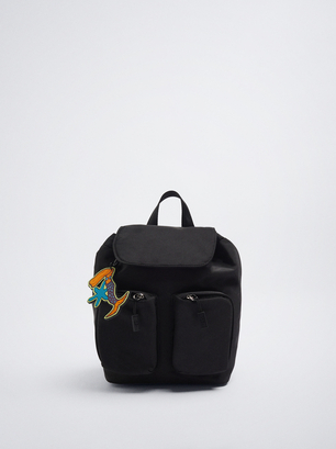 Nylon Backpack With Pendant, Black, hi-res