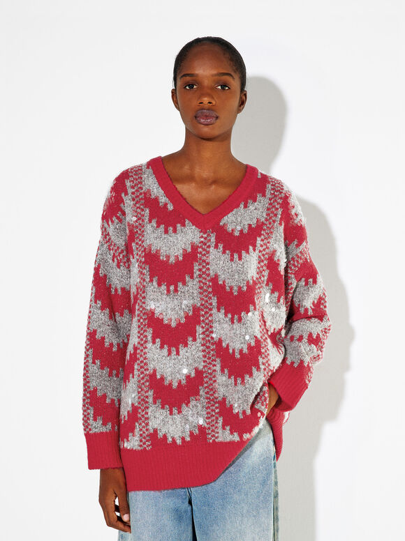 Jacquard Sweater With Appliqués, Red, hi-res
