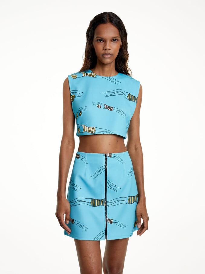 Printed Mini Skirt With Zip, Blue, hi-res