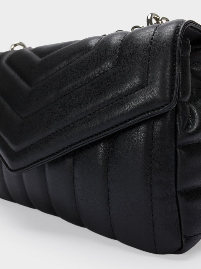 Quilted Shoulder Bag With Contrast Strap, Black, hi-res