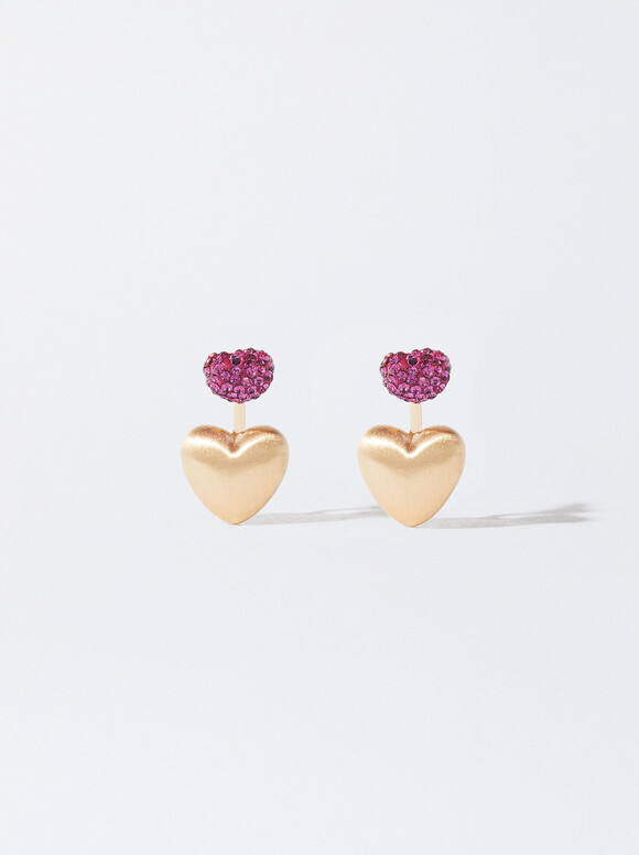 Golden Heart Earrings With Crystals, Fuchsia, hi-res