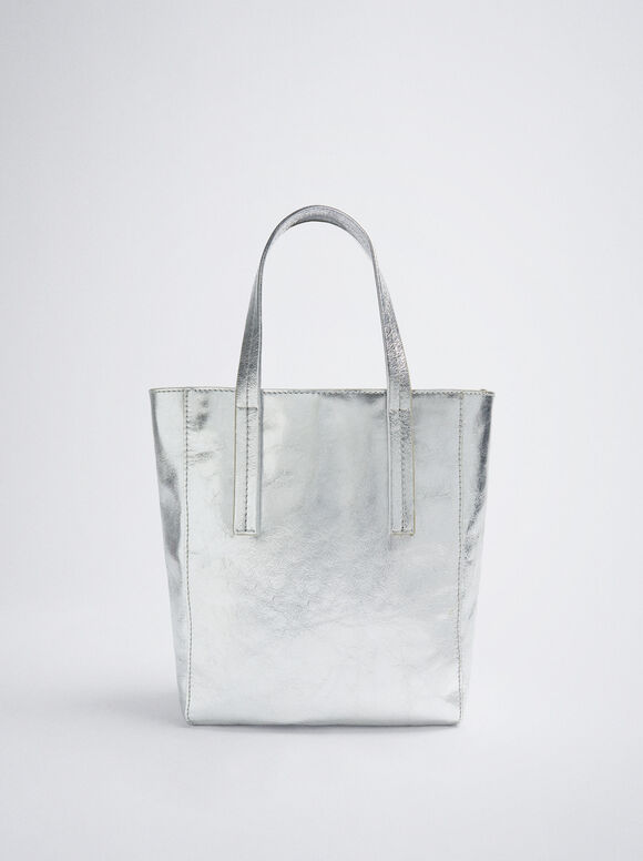 Metallic Leather Tote Bag Silver Woman - Shoppers parfois.com