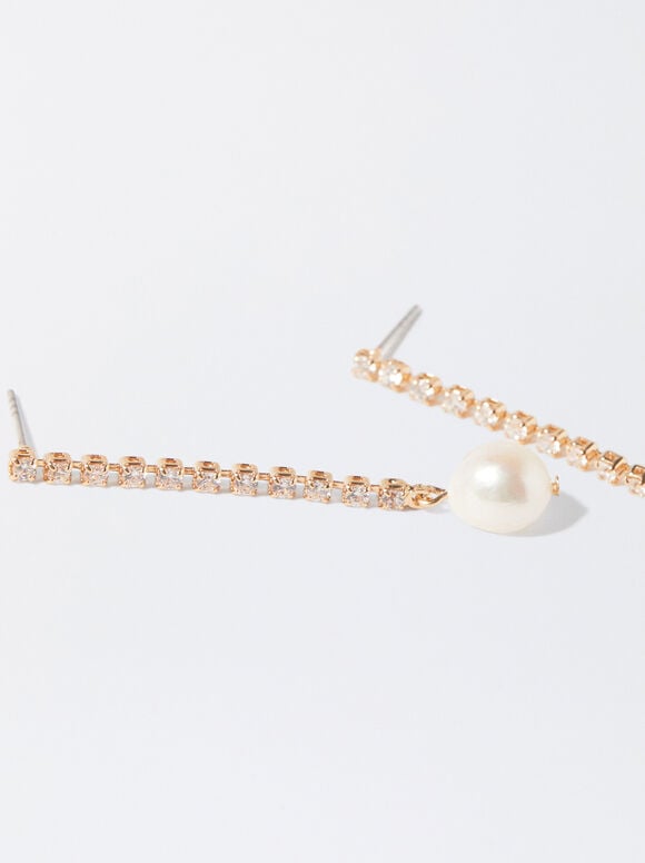 Earrings With Pearls And Zirconia, Golden, hi-res