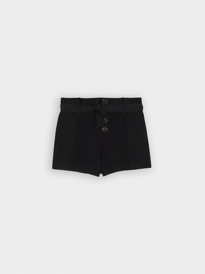 Knit Shorts With Bow And Buttons, Black, hi-res