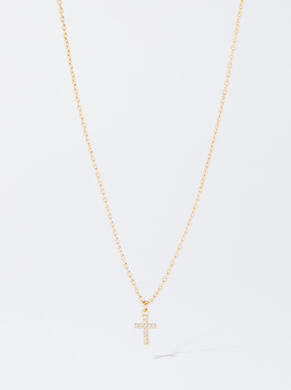 925 Silver Necklace With Zirconias, Golden, hi-res