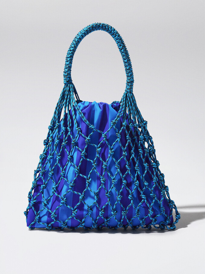 Knotted Cord Bag With Stripes, Blue, hi-res