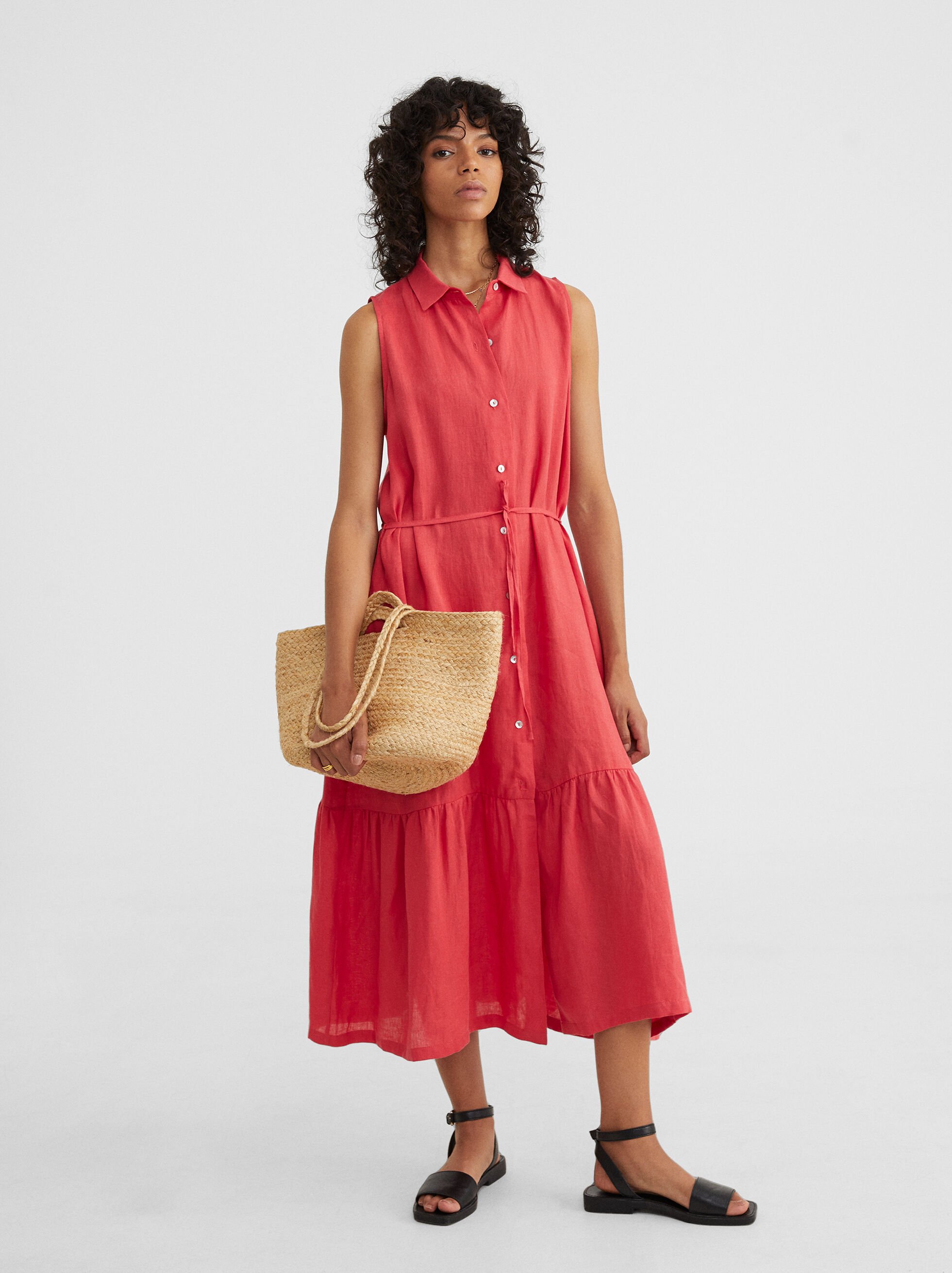 red linen shirt dress