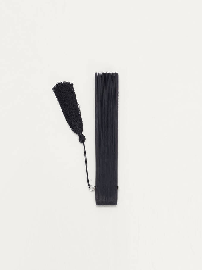 Perforated Fan With Tassel, Black, hi-res