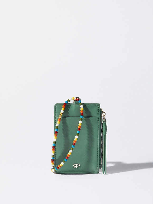 Card Holder With Beaded Strap, Khaki, hi-res