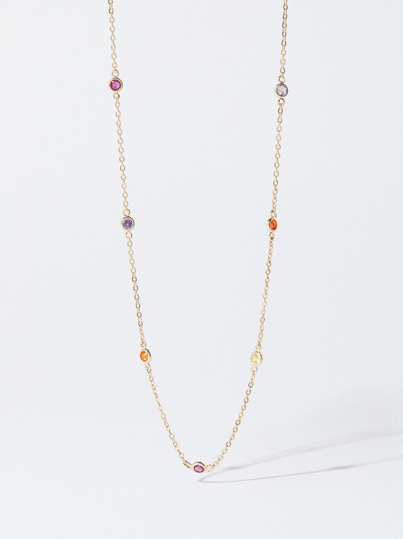Golden Necklace With Zirconia, Multicolor, hi-res