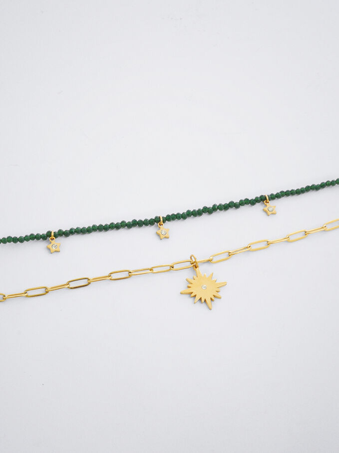 Set Of Steel Necklaces With Stars, Green, hi-res
