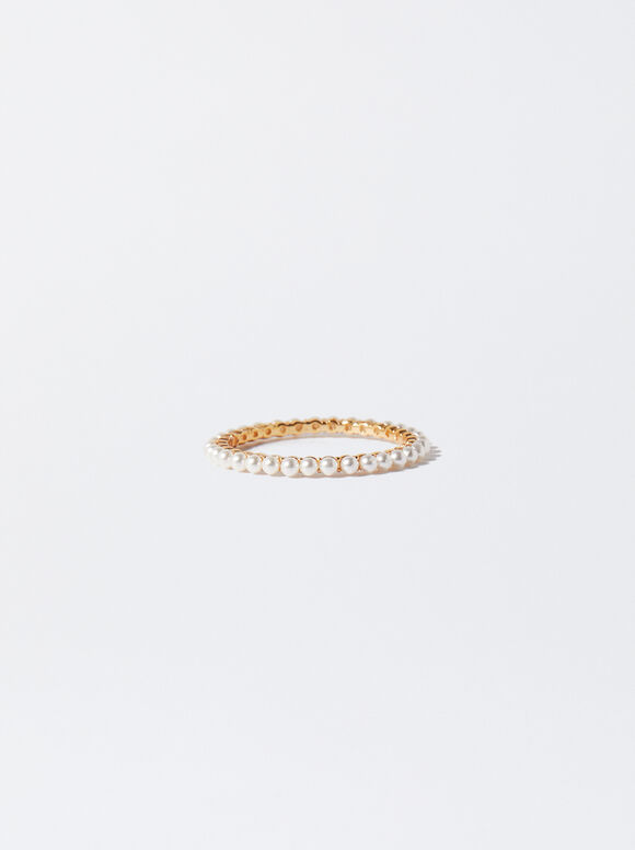 925 Silver Ring With Pearls, Golden, hi-res