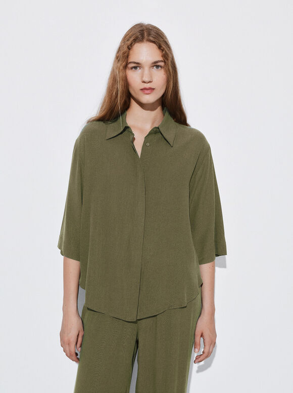 Flowing Shirt With Buttons, Green, hi-res