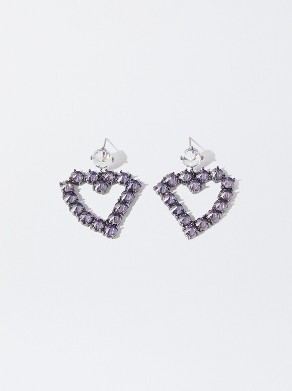 Heart Earrings And Zirconia, Violet, hi-res