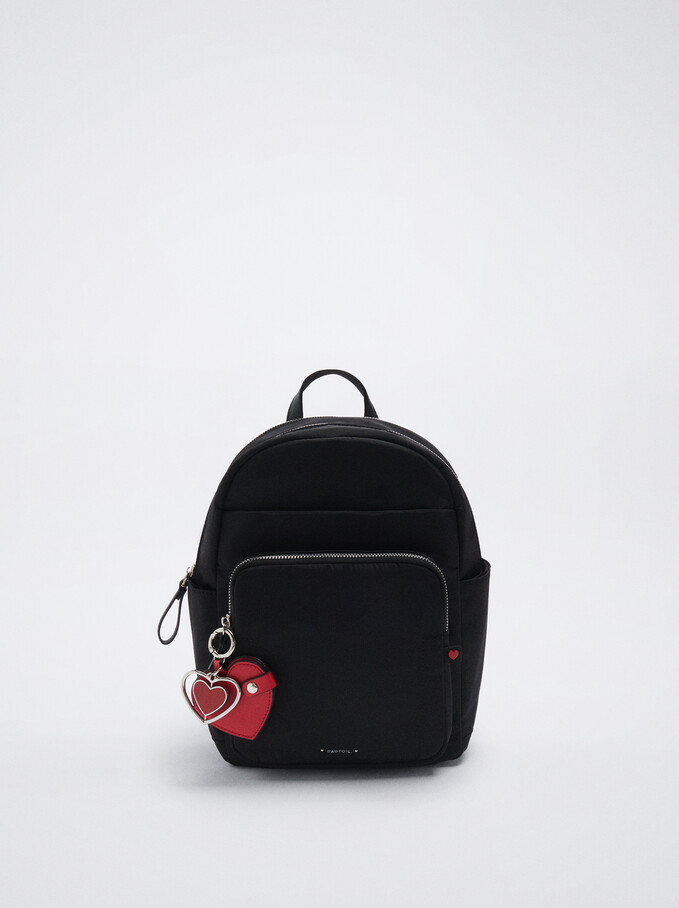 Nylon Backpack With Heart Pendant, Black, hi-res