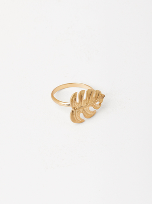Ring With Leaf, Golden, hi-res