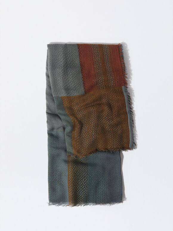 Printed Pleated Scarf, Multicolor, hi-res