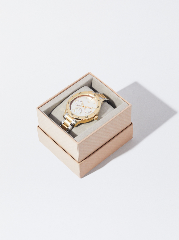 Watch With Two-Toned Steel Strap, Golden, hi-res