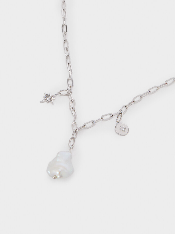 Short Silver 925 Necklace With Pearl And Charms, Beige, hi-res