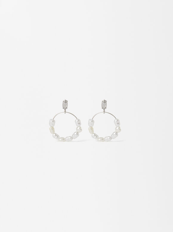 Earrings With Pearls And Zirconia, Silver, hi-res