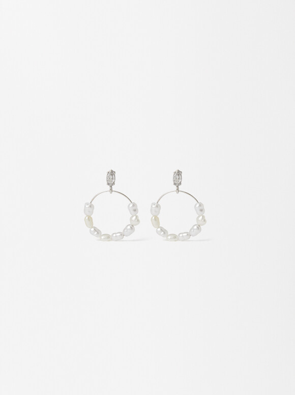 Earrings With Pearls And Zirconia, Silver, hi-res