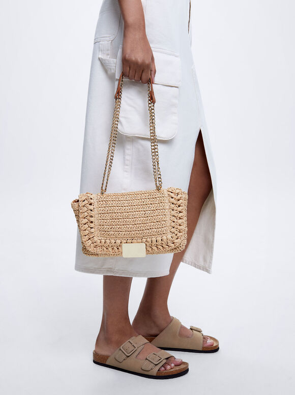 Straw Shoulder Bag, Ecru, hi-res